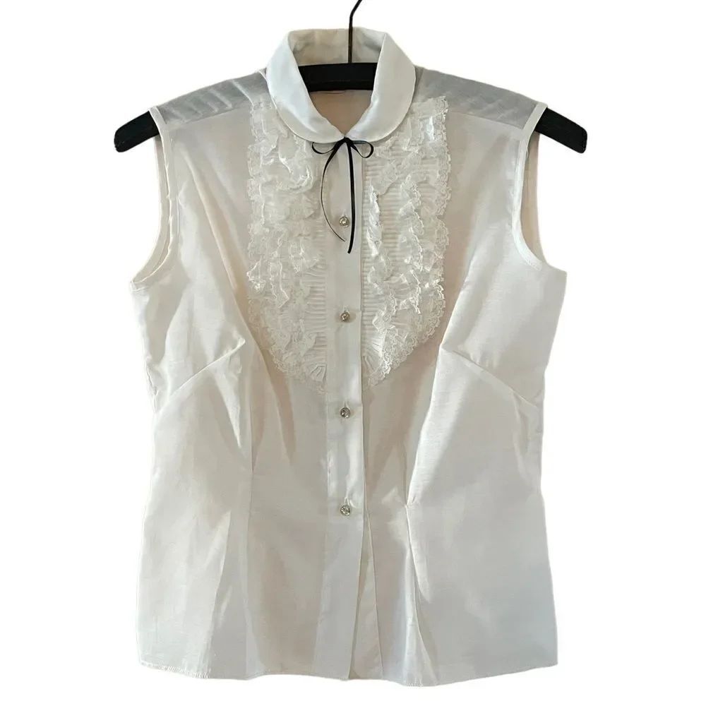 Vintage Ruffle Front Sleeveless Blouse